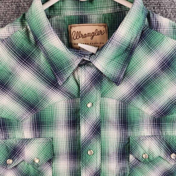 Wrangler XL Pearl Snap Western Shirt Short Sleeve Men Green Blue Plaid Point - Picture 1 of 15